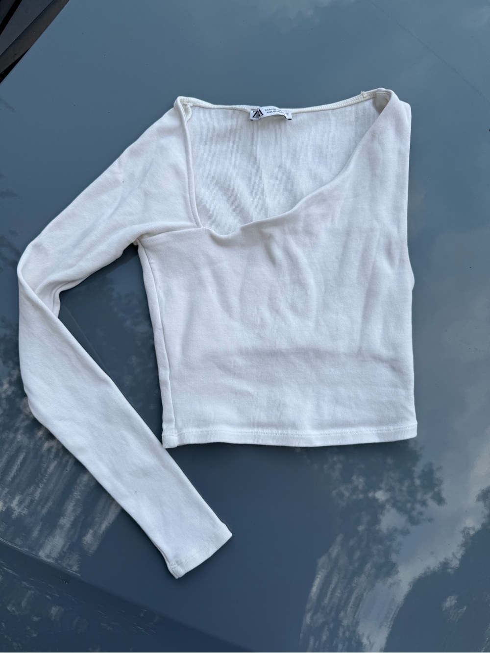 Zara White Asymmetric Scoop-Neck Long Sleeve Tee